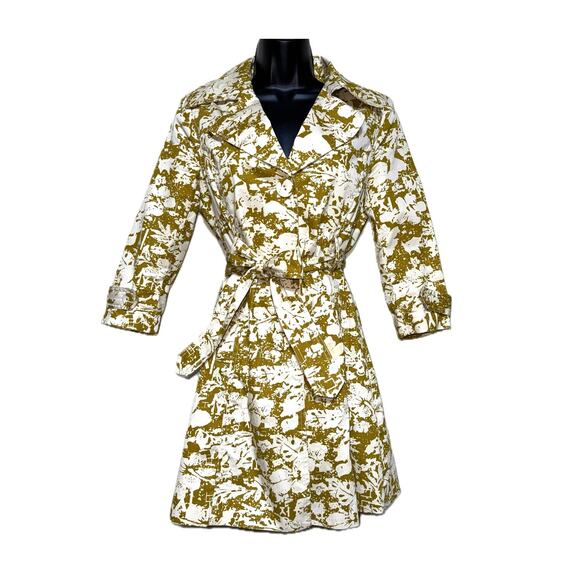 Small Retro Patterned Gold Trench Pea Coat Jacket Floral‎ Longline - Picture 1 of 4